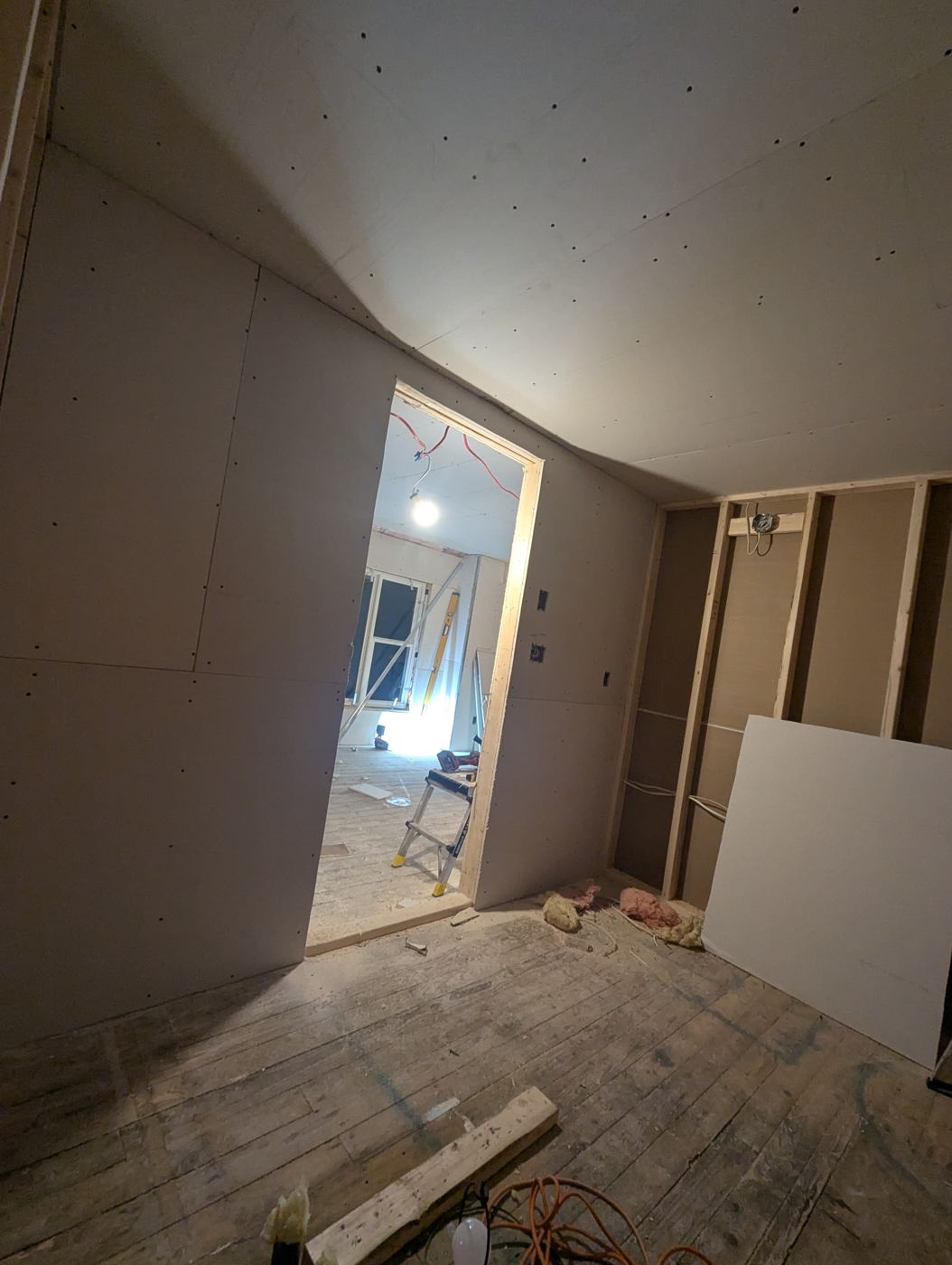 Bathroom walls and ceiling boarded with drywall during remodel