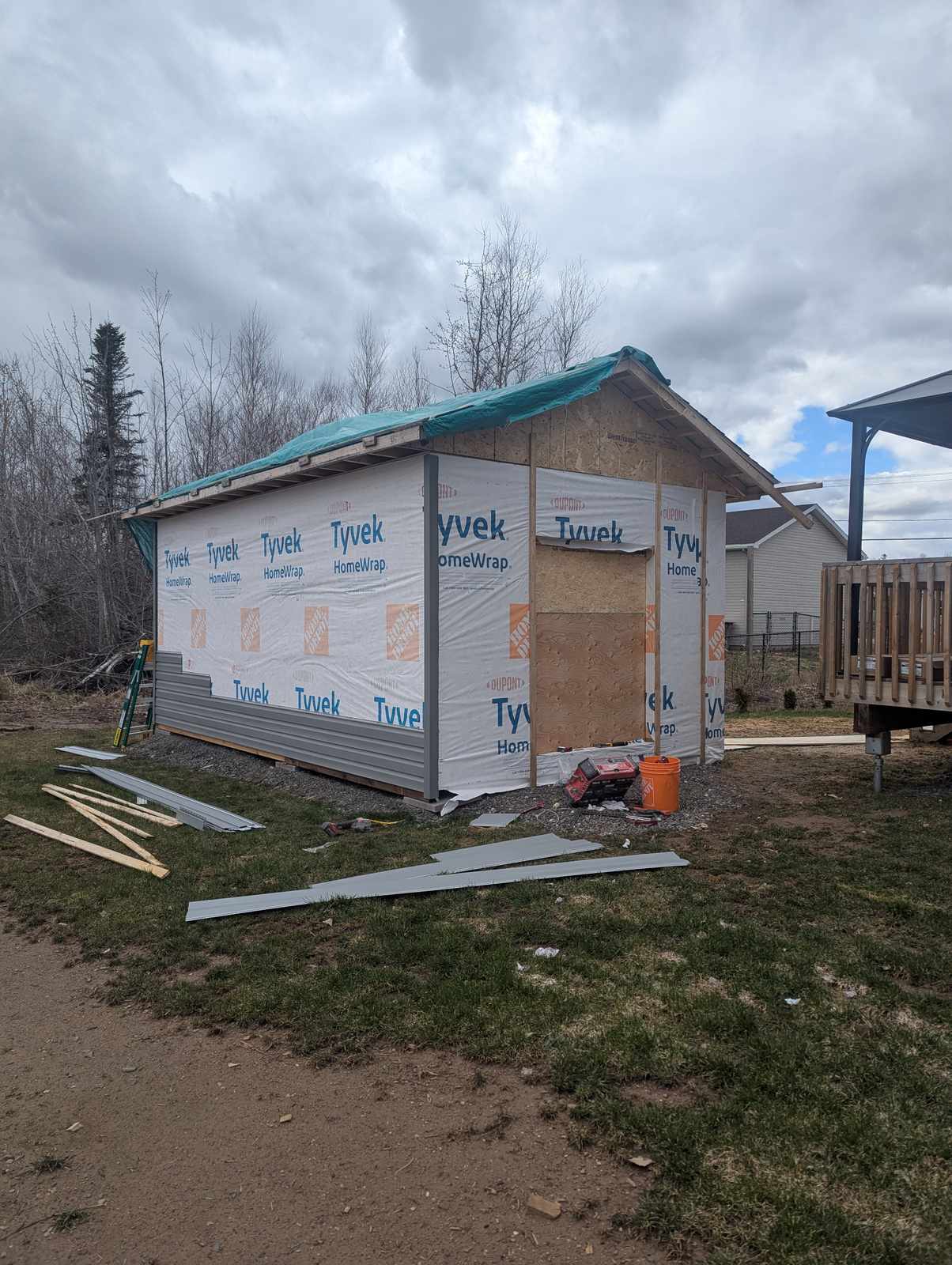 Small shed framed and wrapped in Tyvek before siding, Moncton NB